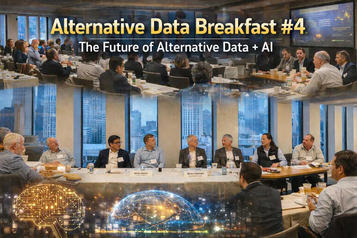 An AI-generated image that resulted from the prompt: "blend together the attached previous images from my Alternative Data Breakfast Series events."